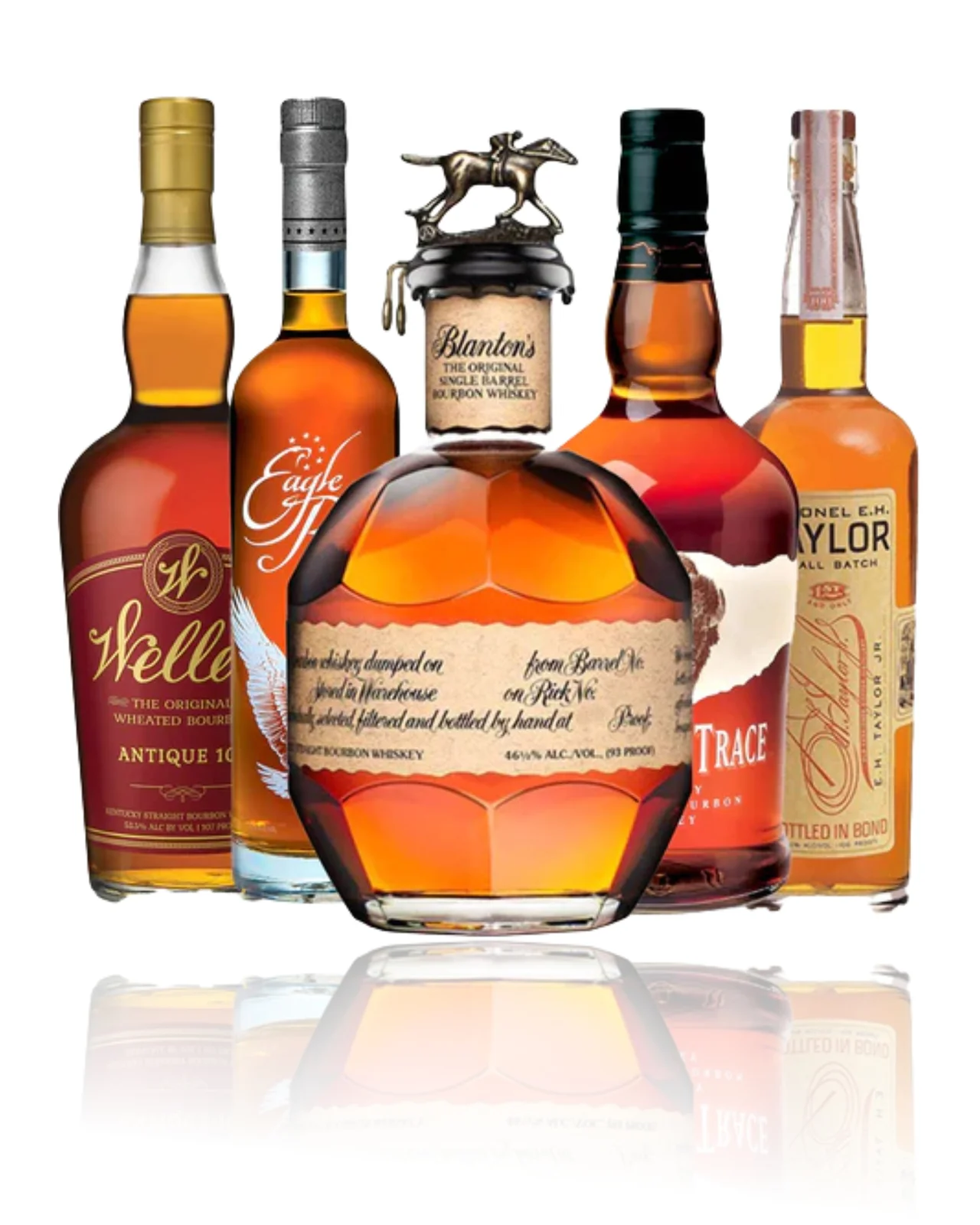 Blanton's Original, Eagle Rare 10 Year, Weller Antique 107, Buffalo Trace, and E.H. Taylor Small Batch Bourbon Whiskey Bundle 750ml 5-Pack — Blanton's