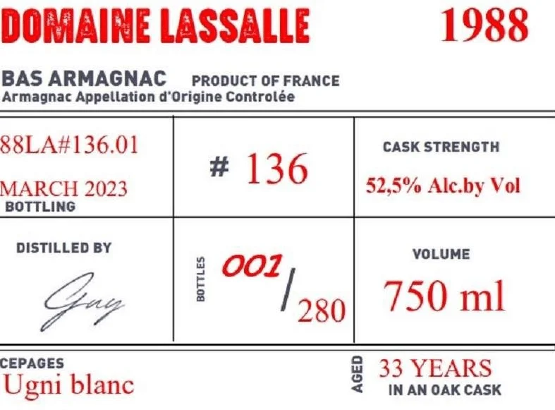 Domaine de Lasalle 33yr L'Encantada 1988 Armagnac Aficionados Group Exclusive Single Cask Selection — Aficionados Group