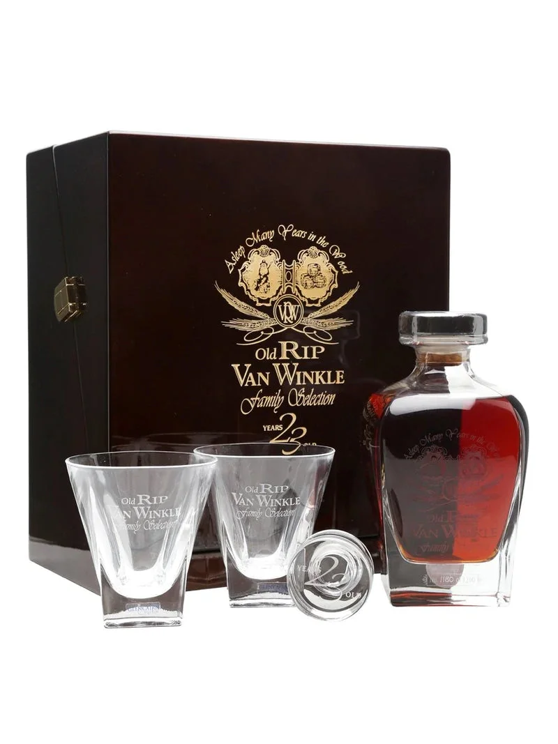 Old Rip Van Winkle Pappy Van Winkle's Family Selection 23 Year Old Kentucky Straight Bourbon Whiskey with Glasses and Decanter — Pappy Van Winkle